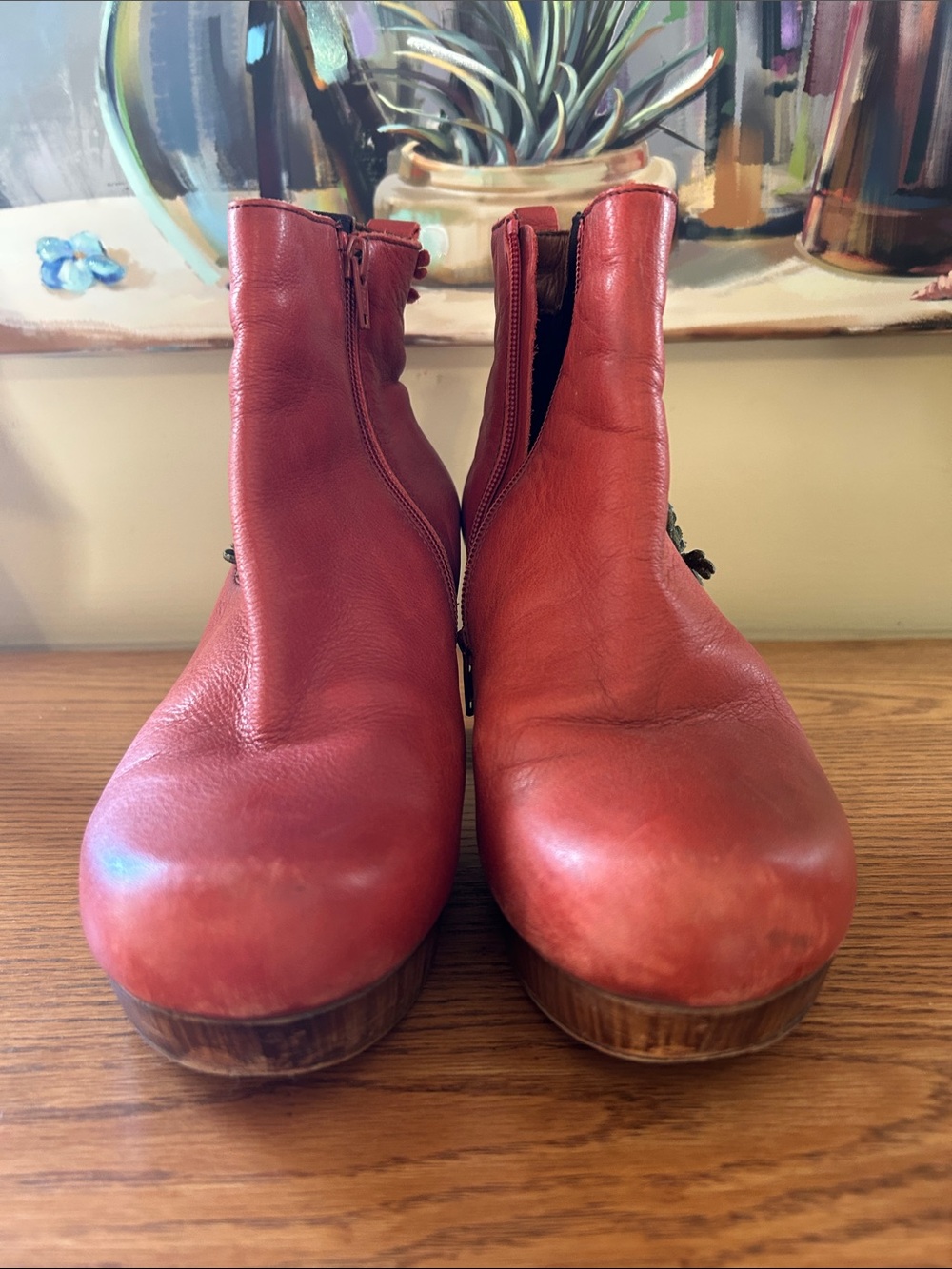 Vintage Women’s Orange Leather Floral Accent Ankle Boots - Picture 6 of 10